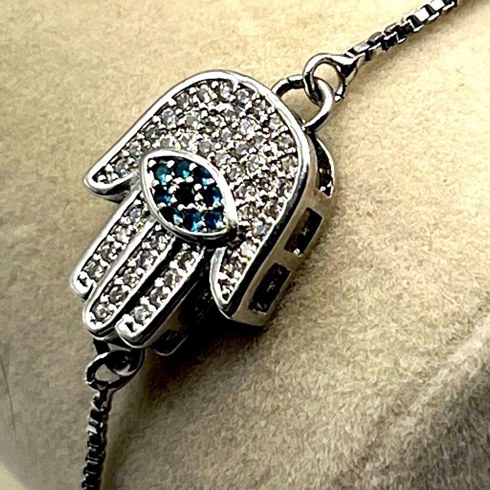 Silver Tone Hamsa Rhinestone Bracelet With Adjustable Chain. A70 - Picture 3 of 6